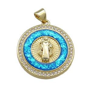 Copper Jesus Pendant Pave Blue Fire Opal Zircon Circle 18K Gold Plated, approx 22mm [FD14206]