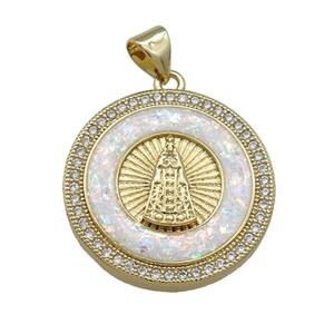 Copper Jesus Pendant Pave White Fire Opal Zircon Circle 18K Gold Plated, approx 22mm [FD14207]
