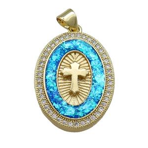 Copper Oval Pendant Pave Blue Fire Opal Zircon Cross 18K Gold Plated, approx 19-25mm [FD14211]