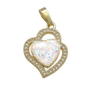 Copper Heart Pendant Pave White Fire Opal Zircon 18K Gold Plated, approx 15-17mm [FD14214]