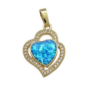 Copper Heart Pendant Pave Blue Fire Opal Zircon 18K Gold Plated, approx 15-17mm [FD14215]
