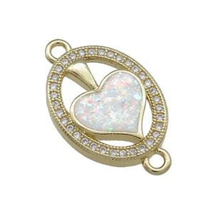 Copper Oval Connector Pave White Fire Opal Zircon Heart 18K Gold Plated, approx 14-18mm [FD14216]