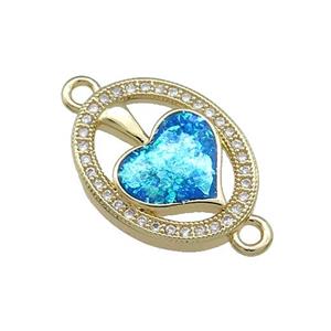 Copper Oval Connector Pave Blue Fire Opal Zircon Heart 18K Gold Plated, approx 14-18mm [FD14217]