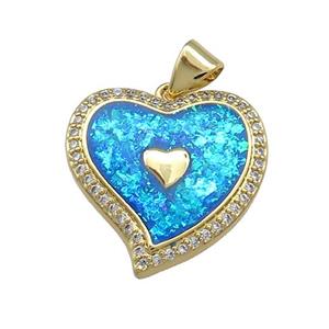 Copper Heart Pendant Pave Blue Fire Opal Zircon 18K Gold Plated, approx 19mm [FD14233]