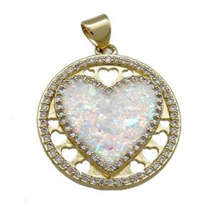 Copper Heart Pendant Pave White Fire Opal Zircon Circle 18K Gold Plated, approx 22mm [FD14236]