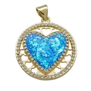 Copper Heart Pendant Pave Blue Fire Opal Zircon Circle 18K Gold Plated, approx 22mm [FD14237]