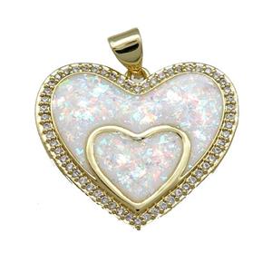 Copper Heart Pendant Pave White Fire Opal Zircon Double 18K Gold Plated, approx 25mm [FD14238]