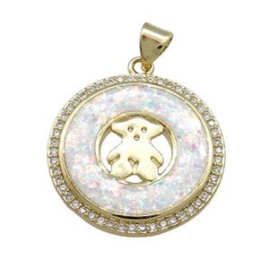 Copper Circle Pendant Pave White Fire Opal Zircon Bear 18K Gold Plated, approx 22mm [FD14240]