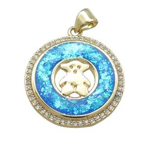 Copper Circle Pendant Pave Blue Fire Opal Zircon Bear 18K Gold Plated, approx 22mm [FD14241]