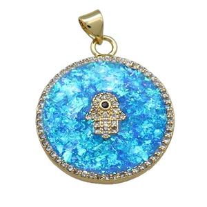 Copper Circle Pendant Pave Blue Fire Opal Zircon Hamsahand 18K Gold Plated, approx 25mm [FD14243]