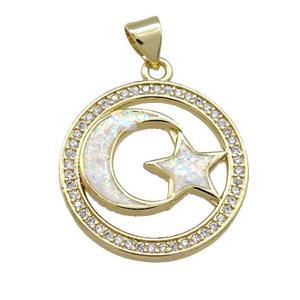 Copper Moon And Star Pendant Pave White Fire Opal Zircon Circle 18K Gold Plated, approx 21mm [FD14244]