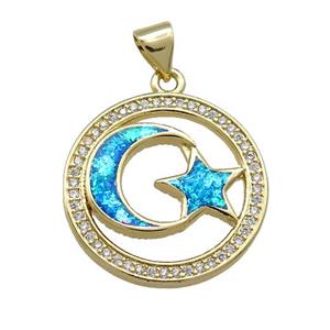 Copper Moon And Star Pendant Pave Blue Fire Opal Zircon Circle 18K Gold Plated, approx 21mm [FD14245]