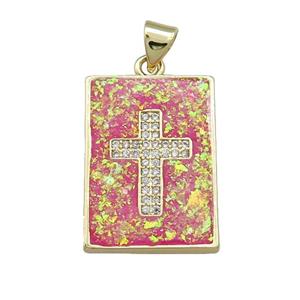 Copper Rectangle Pendant Pave Red Fire Opal Zircon Cross 18K Gold Plated, approx 16-21mm [FD14256]