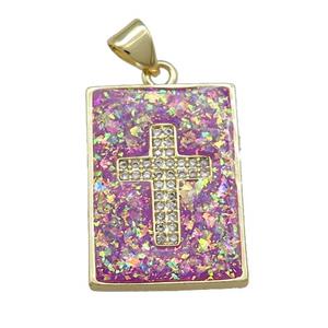 Copper Rectangle Pendant Pave Fire Opal Zircon Cross 18K Gold Plated, approx 16-21mm [FD14258]