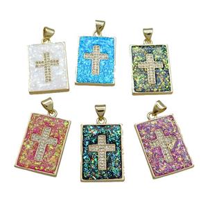 Copper Rectangle Pendant Pave Fire Opal Zircon Cross 18K Gold Plated Mixed, approx 16-21mm [FD14259]
