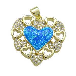 Copper Heart Pendant Pave Blue Fire Opal Zircon 18K Gold Plated, approx 23mm [FD14262]