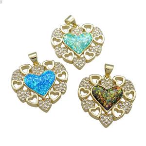 Copper Heart Pendant Pave Fire Opal Zircon 18K Gold Plated Mixed, approx 23mm [FD14266]