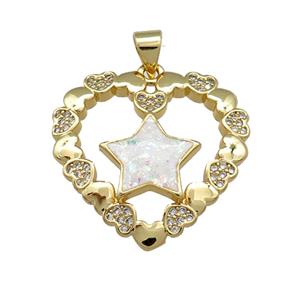 Copper Heart Pendant Pave White Fire Opal Zircon Star 18K Gold Plated, approx 24mm [FD14267]