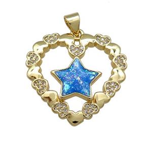 Copper Heart Pendant Pave Blue Fire Opal Zircon Star 18K Gold Plated, approx 24mm [FD14269]