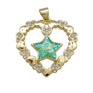 Copper Heart Pendant Pave Green Fire Opal Zircon Star 18K Gold Plated, approx 24mm [FD14270]