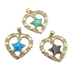 Copper Heart Pendant Pave Fire Opal Zircon Star 18K Gold Plated Mixed, approx 24mm [FD14273]
