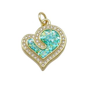 Copper Heart Pendant Pave Green Fire Opal Zircon 18K Gold Plated, approx 16-17mm [FD14276]