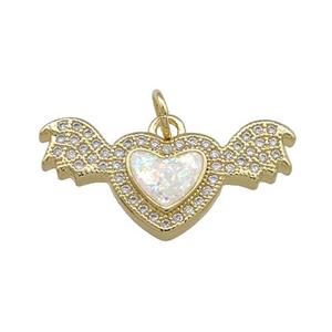 Angel Wings Charms Copper Heart Pendant Pave White Fire Opal Zircon 18K Gold Plated, approx 12-24mm [FD14293]