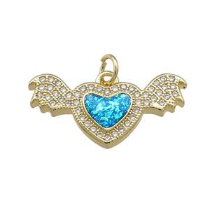 Angel Wings Charms Copper Heart Pendant Pave Blue Fire Opal Zircon 18K Gold Plated, approx 12-24mm [FD14294]