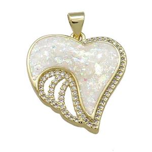 Copper Heart Pendant Pave White Fire Opal Zircon Wings 18K Gold Plated, approx 22mm [FD14295]