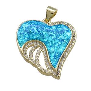 Copper Heart Pendant Pave Blue Fire Opal Zircon Wings 18K Gold Plated, approx 22mm [FD14296]