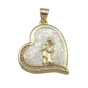 Copper Heart Pendant Pave White Fire Opal Zircon Couple 18K Gold Plated, approx 21mm [FD14297]