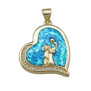 Copper Heart Pendant Pave Blue Fire Opal Zircon Couple 18K Gold Plated, approx 21mm [FD14298]