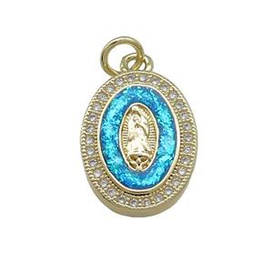 Copper Oval Pendant Pave Blue Fire Opal Virgin Mary Charms 18K Gold Plated, approx 13-17mm [FD14299]