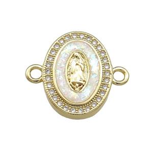 Copper Oval Connector Pave White Fire Opal Virgin Mary Charms 18K Gold Plated, approx 13-17mm [FD14300]