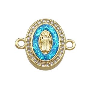 Copper Oval Connector Pave Blue Fire Opal Virgin Mary Charms 18K Gold Plated, approx 13-17mm [FD14301]