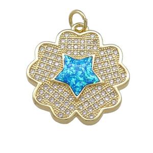 Copper Flower Pendant Pave Blue Fire Opal Zircon Star 18K Gold Plated, approx 20mm [FD14305]