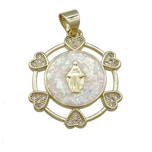 Virgin Mary Charms Copper Pendant Pave White Fire Opal Zircon Heart 18K Gold Plated, approx 20mm [FD14306]