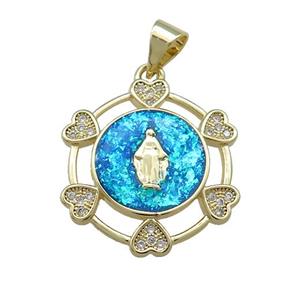 Virgin Mary Charms Copper Pendant Pave Blue Fire Opal Zircon Heart 18K Gold Plated, approx 20mm [FD14307]