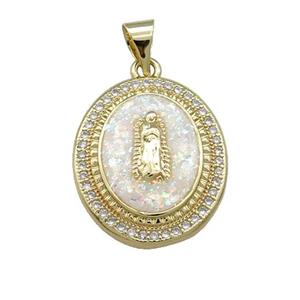 Jesus Charms Copper Oval Pendant Pave White Fire Opal Zircon Medal 18K Gold Plated, approx 17-20mm [FD14310]