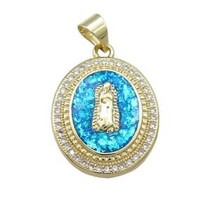 Jesus Charms Copper Oval Pendant Pave Blue Fire Opal Zircon Medal 18K Gold Plated, approx 17-20mm [FD14311]