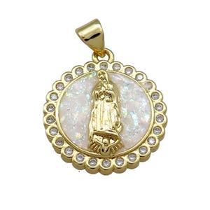 Virgin Mary Charms Copper Circle Pendant Pave White Fire Opal Zircon Medal 18K Gold Plated, approx 19mm [FD14312]