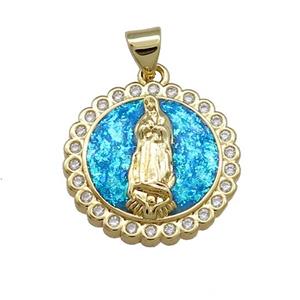 Virgin Mary Charms Copper Circle Pendant Pave Blue Fire Opal Zircon Medal 18K Gold Plated, approx 19mm [FD14313]