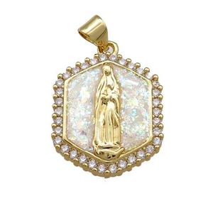Virgin Mary Charms Copper Hexagon Pendant Pave White Fire Opal Zircon 18K Gold Plated, approx 18-21mm [FD14314]