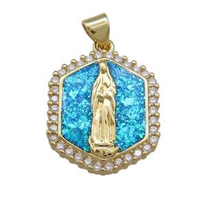 Virgin Mary Charms Copper Hexagon Pendant Pave Blue Fire Opal Zircon 18K Gold Plated, approx 18-21mm [FD14315]