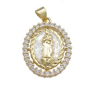 Virgin Mary Charms Copper Oval Pendant Pave White Fire Opal Zircon 18K Gold Plated, approx 18-21mm [FD14316]