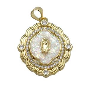 Virgin Mary Charms Copper Oval Pendant Pave White Fire Opal Zircon 18K Gold Plated, approx 21-22mm [FD14318]