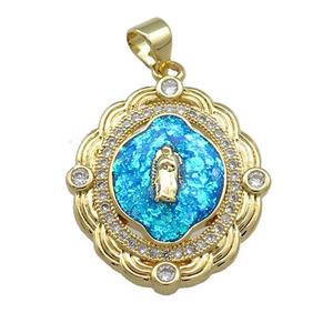 Virgin Mary Charms Copper Oval Pendant Pave Blue Fire Opal Zircon 18K Gold Plated, approx 21-22mm [FD14319]