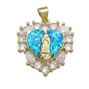 Virgin Mary Charms Copper Heart Pendant Pave Blue Fire Opal Zircon 18K Gold Plated, approx 20mm [FD14321]