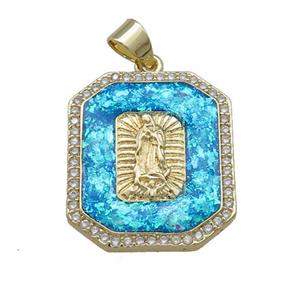 Jesus Charms Copper Rectangle Pendant Pave Blue Fire Opal Zircon 18K Gold Plated, approx 18-20mm [FD14325]