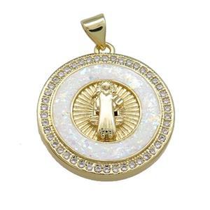 Jesus Charms Copper Circle Pendant Pave White Fire Opal Zircon 18K Gold Plated, approx 22mm [FD14328]